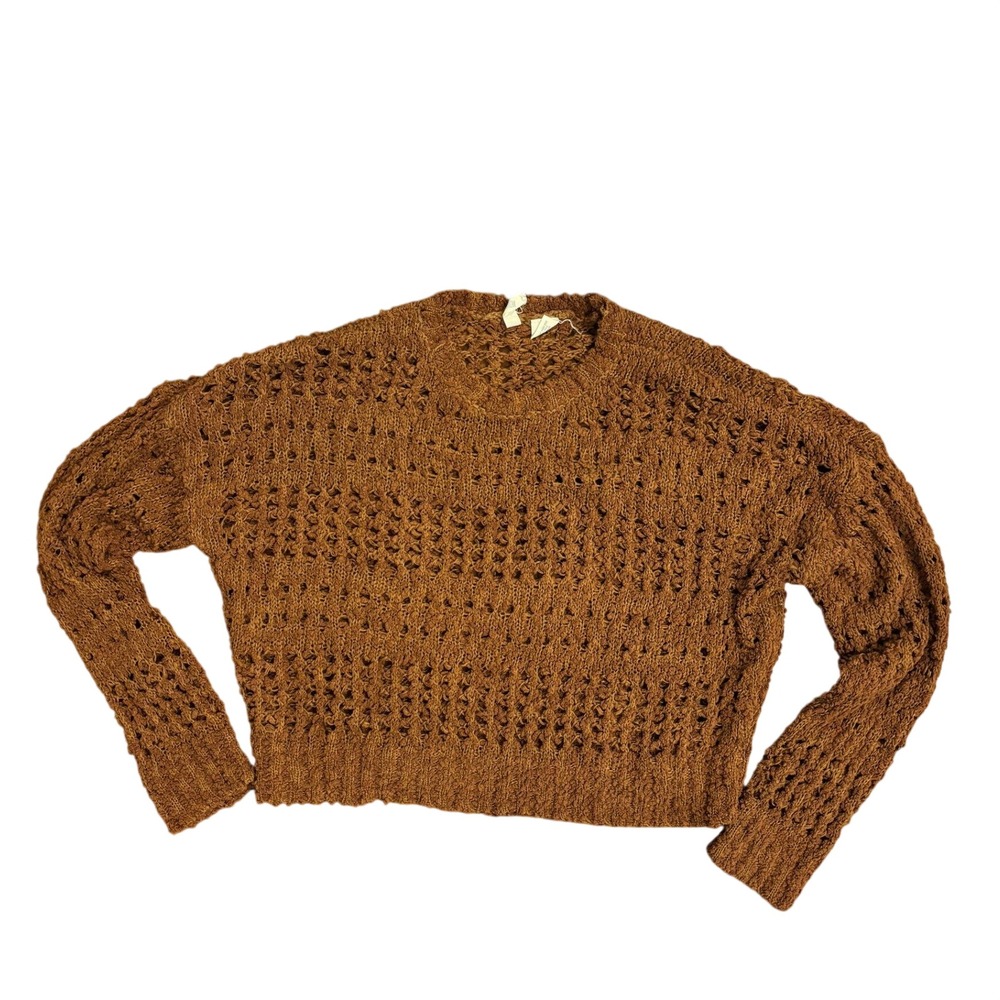 Sky and Sparrow Rust Brown Open Knit Crochet Sweater Womens Medium Relaxed Crop